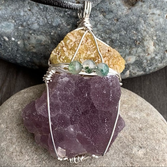 Gold Barite, Fluorite Drusy & Moss Agate Necklace - Picture 3 of 16